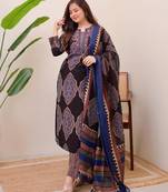 Blue Women Pure Cotton Printed Kurta With Pant And Dupatta