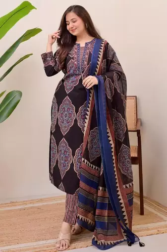 Blue Women  Cotton Printed Kurta With Pant And Dupatta