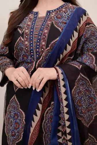 Blue Women  Cotton Printed Kurta With Pant And Dupatta