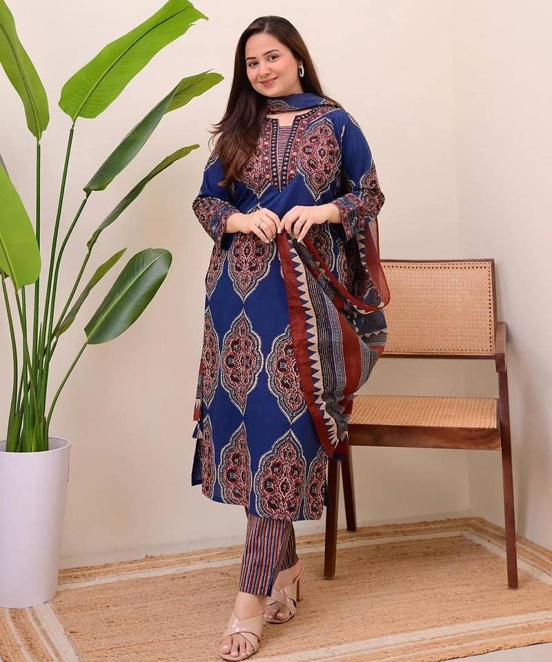  women pure cotton printed black kurta with pant and dupatta