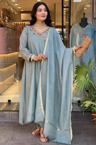  women pure cotton embroidered dusty blue kurta with pant and dupatta