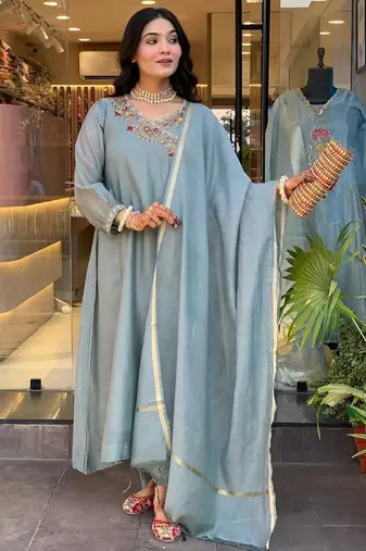  women pure cotton embroidered dusty blue kurta with pant and dupatta