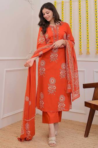  women pure cotton printed orange kurta with pant and dupatta