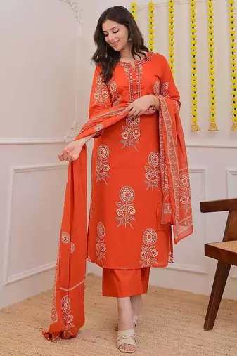  women pure cotton printed orange kurta with pant and dupatta
