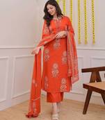Orange Women Pure Cotton Printed Kurta With Pant And Dupatta