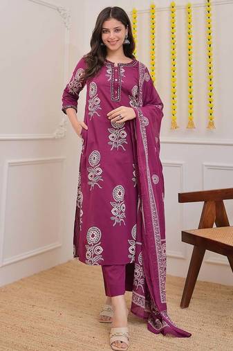  women pure cotton printed purple kurta with pant and dupatta