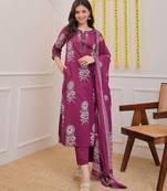 Purple Women Pure Cotton Printed Kurta With Pant And Dupatta