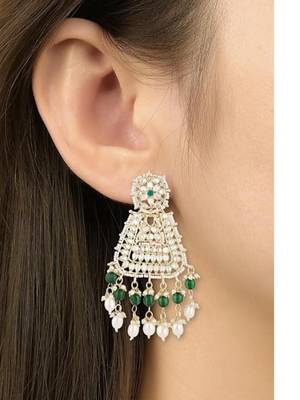 Gold plated traditional kundan & pearl drop dangle earrings for women  2