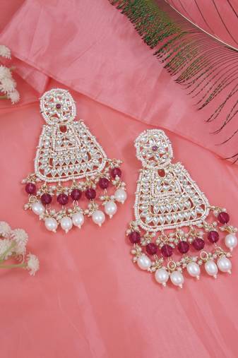 Gold plated traditional kundan & pearl drop dangle earrings for women 