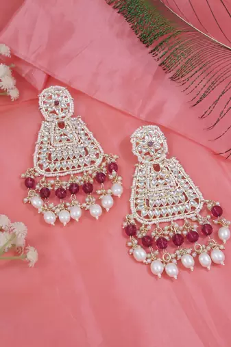 Gold plated traditional kundan & pearl drop dangle earrings for women 