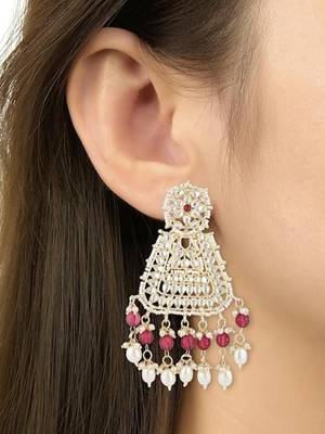 Gold plated traditional kundan & pearl drop dangle earrings for women  2