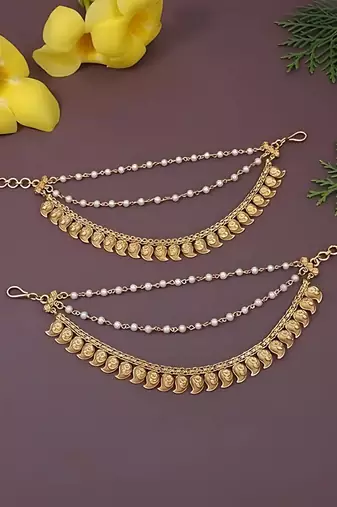 Gold plated traditional pearl layered hair chain/ear chain accessories with hook for women 