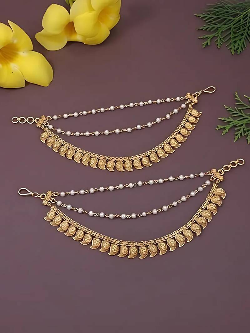 Gold plated traditional pearl layered hair chain/ear chain accessories with hook for women 
