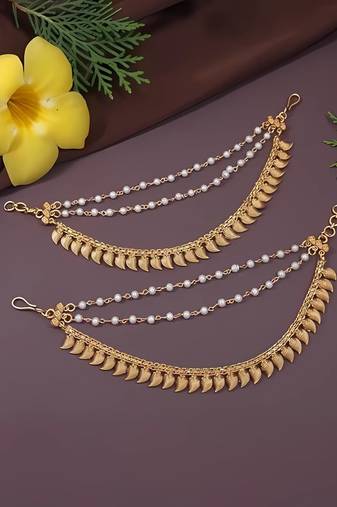 Gold plated traditional pearl layered hair chain/ear chain accessories with hook for women 