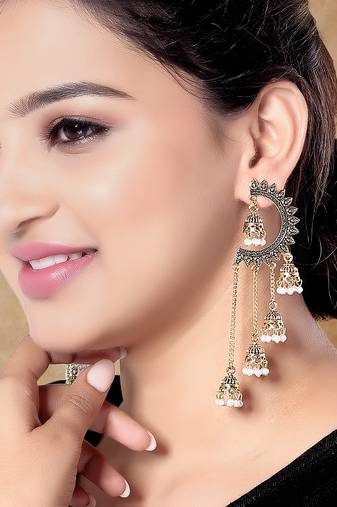 Gold plated fancy multi layered dangle jhumka earrings for women 