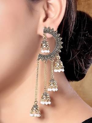 Gold plated fancy multi layered dangle jhumka earrings for women  2