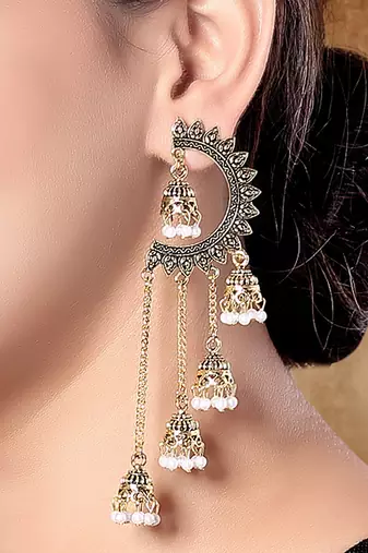 Gold plated fancy multi layered dangle jhumka earrings for women 