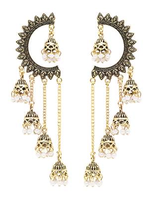 Gold plated fancy multi layered dangle jhumka earrings for women  3