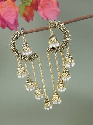 Gold plated fancy multi layered dangle jhumka earrings for women  4
