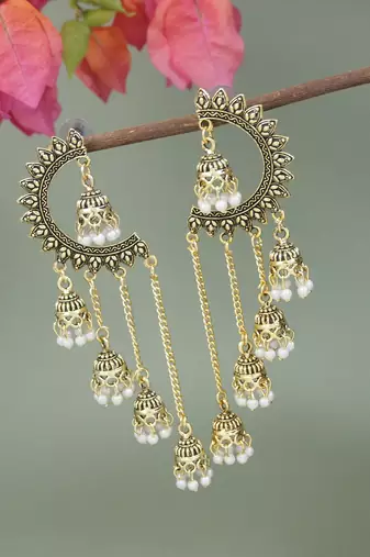 Gold plated fancy multi layered dangle jhumka earrings for women 