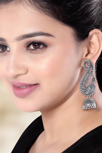 Ethnic silver oxidised jhumka earrings for women 