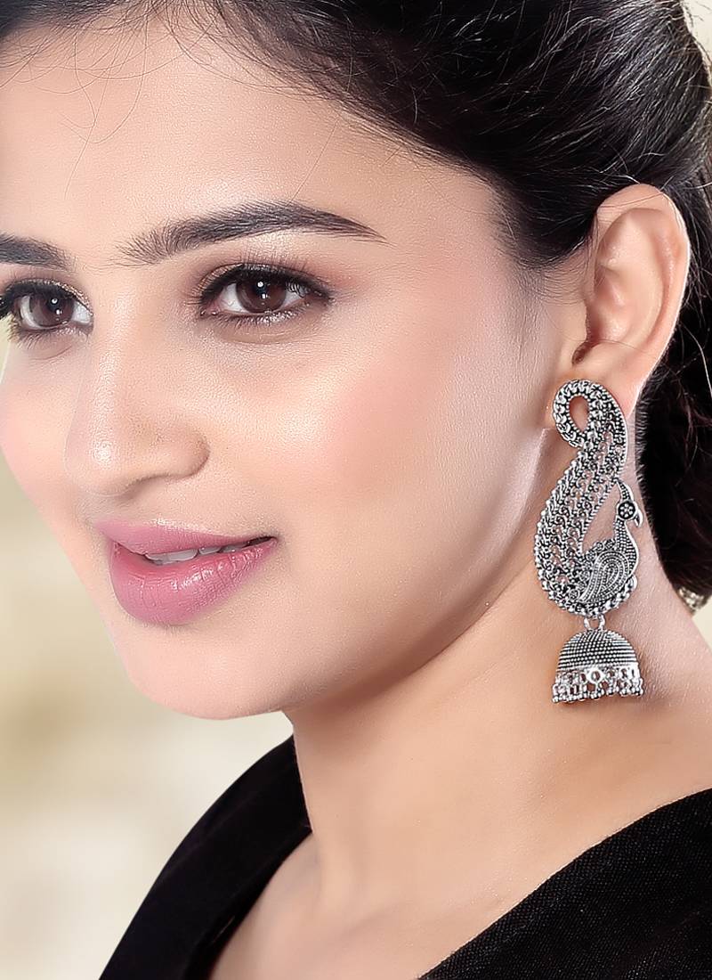 Ethnic silver oxidised jhumka earrings for women 