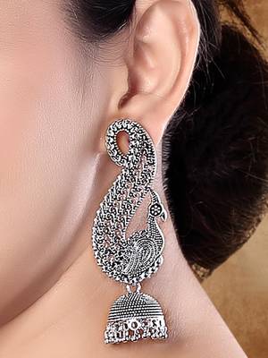 Ethnic silver oxidised jhumka earrings for women  2