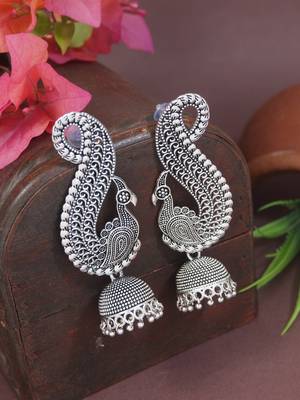 Ethnic silver oxidised jhumka earrings for women  3