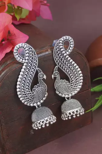 Ethnic silver oxidised jhumka earrings for women 