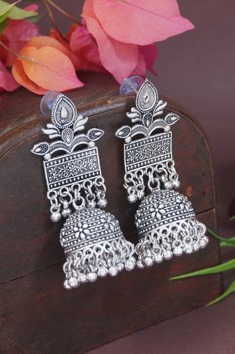 Ethnic silver oxidised afghani style dangle jhumka earrings for women 