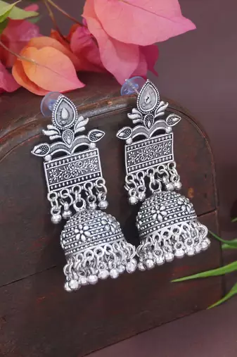 Ethnic silver oxidised afghani style dangle jhumka earrings for women 