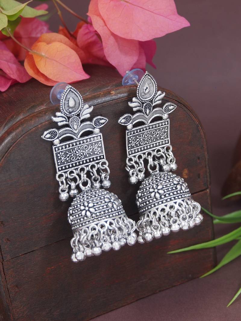 Ethnic silver oxidised afghani style dangle jhumka earrings for women 