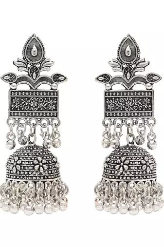 Ethnic silver oxidised afghani style dangle jhumka earrings for women 