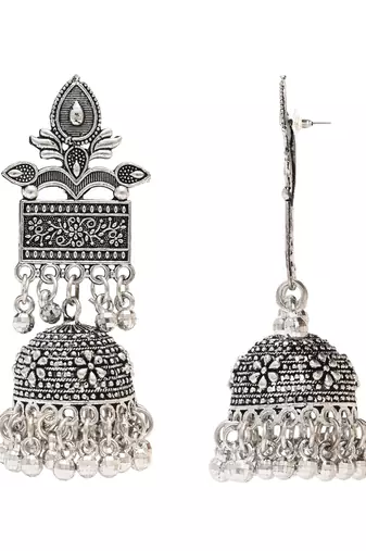 Ethnic silver oxidised afghani style dangle jhumka earrings for women 