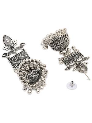 Ethnic silver oxidised afghani style dangle jhumka earrings for women  4