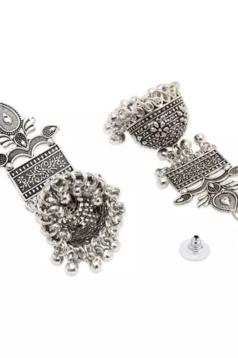 Ethnic silver oxidised afghani style dangle jhumka earrings for women 