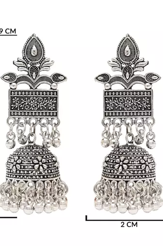 Ethnic silver oxidised afghani style dangle jhumka earrings for women 