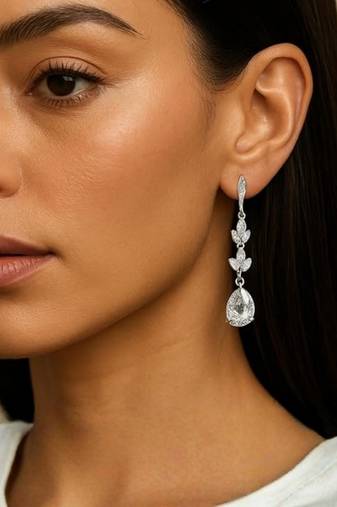Silver plated cubic zirconia american diamond drop earrings for women 