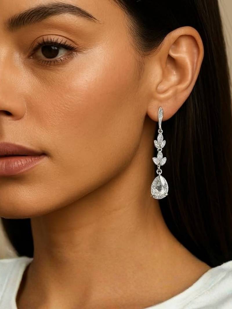 Silver plated cubic zirconia american diamond drop earrings for women 