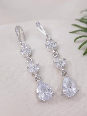 Silver plated cubic zirconia american diamond drop earrings for women  2