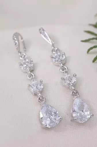 Silver plated cubic zirconia american diamond drop earrings for women 