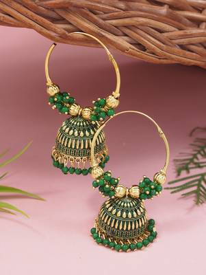 Gold plated traditional handcrafted beaded jhumka hoop earrings for women (green) 1
