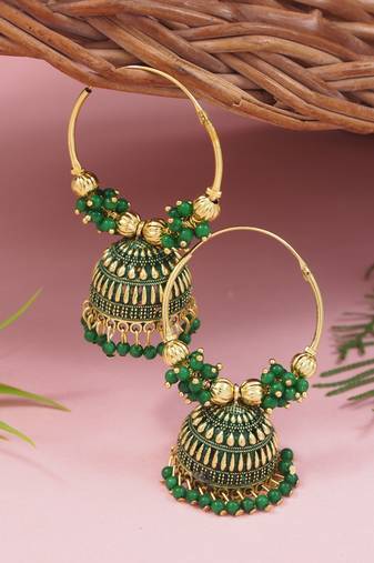 Gold plated traditional handcrafted beaded jhumka hoop earrings for women (green)