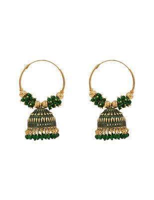 Gold plated traditional handcrafted beaded jhumka hoop earrings for women (green) 2
