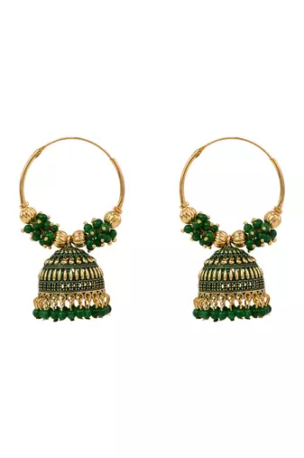Gold plated traditional handcrafted beaded jhumka hoop earrings for women (green)