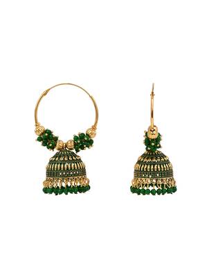 Gold plated traditional handcrafted beaded jhumka hoop earrings for women (green) 3