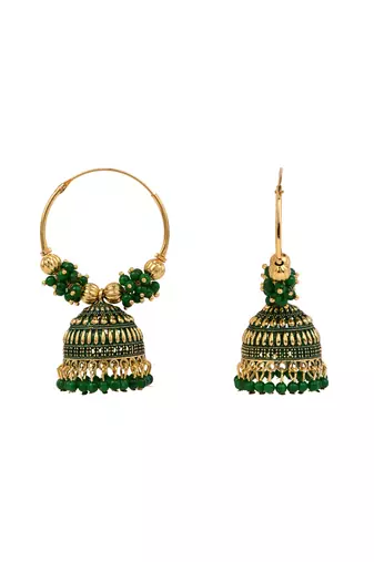 Gold plated traditional handcrafted beaded jhumka hoop earrings for women (green)