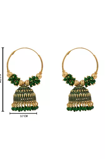 Gold plated traditional handcrafted beaded jhumka hoop earrings for women (green)