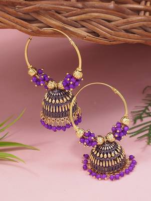 Gold plated traditional handcrafted beaded jhumka hoop earrings for women  1