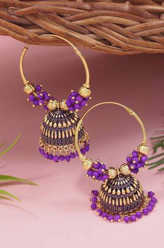 Gold plated traditional handcrafted beaded jhumka hoop earrings for women 